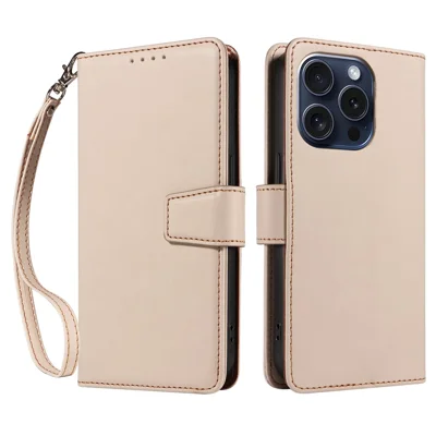 For iPhone 14 Pro Max Case RFID Blocking PU Leather Wallet Flip Phone Cover with Wrist Strap - Apricot