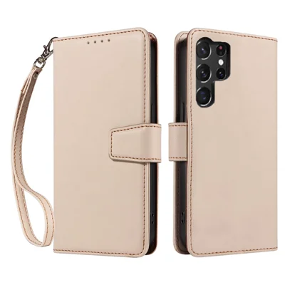 Voor Samsung Galaxy S23 Ultra hoesje met RFID-blokkering PU lederen portemonnee flip telefoonhoesje met polsbandje - Oker