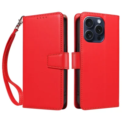 For iPhone 15 Pro Case RFID Blocking PU Leather Wallet Flip Phone Cover with Wrist Strap - Red