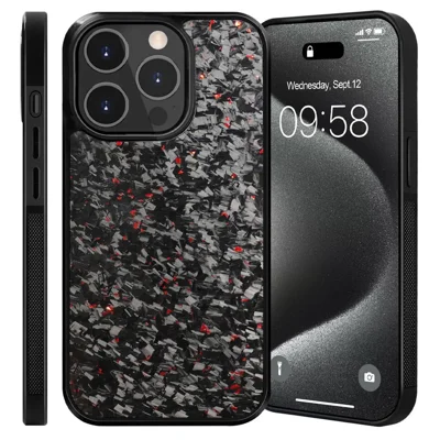 For iPhone 15 Pro Max Magnetic Case Forged Texture Aramid Fiber+TPU Anti-Slip Phone Cover - Red
