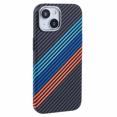 For iPhone 13 Case Compatible with MagSafe Carbon Fiber Texture Water-Transfer PC Phone Cover - Baby Blue+Dark Blue+Red