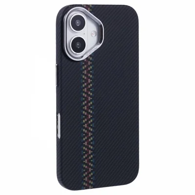 For iPhone 16 Plus Case Compatible with MagSafe Carbon Fiber Texture Water-Transfer PC Phone Cover - Colorful+Black Stripes