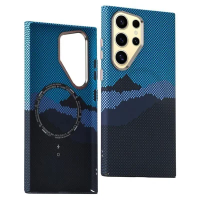 Voor Samsung Galaxy S23 Ultra Hoesje Compatibel met MagSafe Koolstofvezelstructuur Watertransfer PC Telefoonhoesje - Blauwe Top