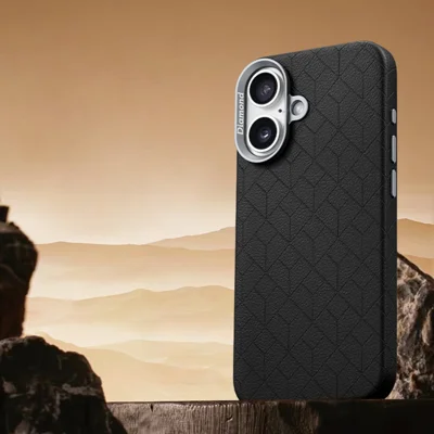 For iPhone 16 Case Compatible with MagSafe Metal Lens Frame Y Pattern PC+PU Phone Cover - Black