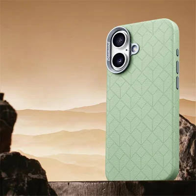 For iPhone 16 Case Compatible with MagSafe Metal Lens Frame Y Pattern PC+PU Phone Cover - Green