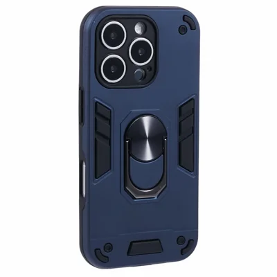 For iPhone 16 Pro Case PC+TPU Drop Defend Phone Cover with Ring Kickstand - Blue