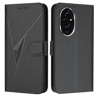 For Honor 200 Pro 5G Case Triangle Imprint Leather Phone Cover with Lanyard - Black