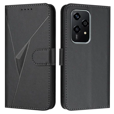 For Honor 200 Lite Case Triangle Imprint Leather Phone Cover with Lanyard - Black