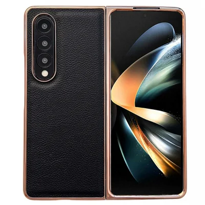 For Samsung Galaxy Z Fold4 5G Horizon Series Nano Electroplating Phone Case PU Leather Coated Hard PC Protective Cover - Black