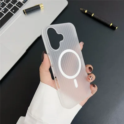 For iPhone 16 Case Corrugated Texture Phone Cover PC Shell Compatible with MagSafe - White Edge