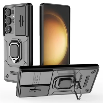 For Samsung Galaxy S25 Ultra Case PC+TPU Kickstand Phone Protector with Lens Cover - Black