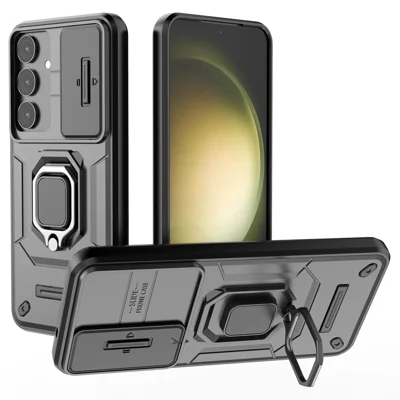For Samsung Galaxy S25+ Case PC+TPU Kickstand Phone Protector with Lens Cover - Black