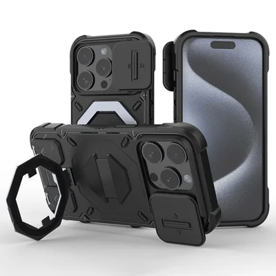 For iPhone 15 Pro Case Compatible with MagSafe Camera Lens Guard PC+TPU Kickstand Phone Cover with Lanyard - Black