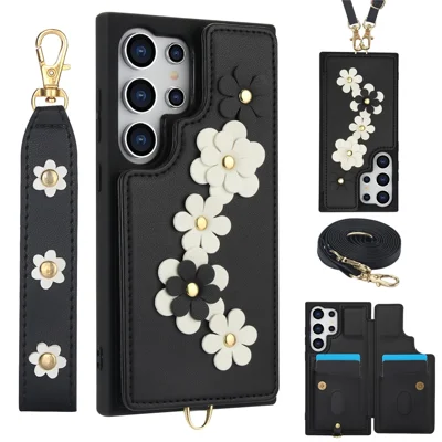 SY-001 For Samsung Galaxy S25 Ultra Case Card Slots Leather Coated TPU Flower Phone Cover - Black