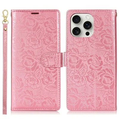 For iPhone 15 Pro Max Case with Hand Strap Flower Imprint Leather Wallet Phone Cover - Rose Gold