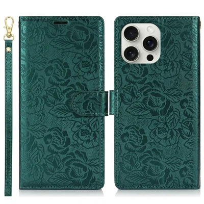 For iPhone 15 Pro Case with Hand Strap Flower Imprint Leather Wallet Phone Cover - Green
