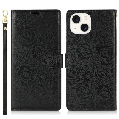 For iPhone 15 Plus / 14 Plus Case with Hand Strap Flower Imprint Leather Wallet Phone Cover - Black