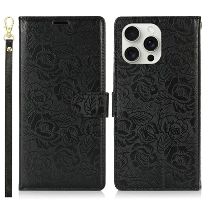 For iPhone 14 Pro Max Case with Hand Strap Flower Imprint Leather Wallet Phone Cover - Black