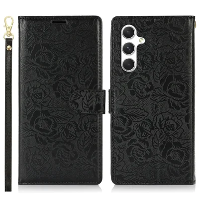 Samsung Galaxy A55 5G-hoes met handgreep en bloemenprint, lederen portemonnee-telefoonhoes - Zwart