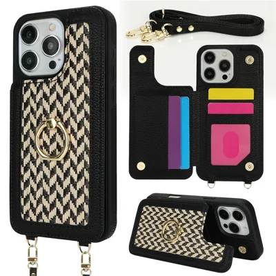 For iPhone 16 Pro Max Case with Card Holder, Strap, Kickstand PU+TPU Phone Back Cover Support RFID Blocking - Black