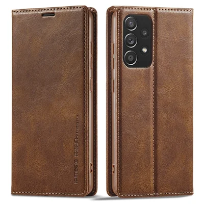 LC.IMEEKE for Samsung Galaxy A52 4G / 5G / A52s 5G Shockproof RFID Blocking Phone Case Phone Flip Wallet Cover with Stand - Brown