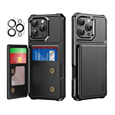 ENKAY For iPhone 14 Pro Max  Hat-Prince Wallet Card Slot Kickstand PU Leather +TPU Back Phone Cover with Camera Lens Film - Black