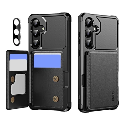 ENKAY For Samsung Galaxy A55 5G Hat-Prince Wallet Card Slot Kickstand PU Leather +TPU Back Phone Cover with Camera Lens Film - Black