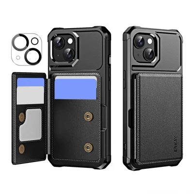 ENKAY For iPhone 15  Hat-Prince Wallet Card Slot Kickstand PU Leather +TPU Back Phone Cover with Camera Lens Film - Black