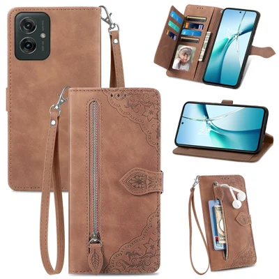 For Motorola Moto G55 5G Zipper Wallet Case with Strap Flower Imprint PU Leather Phone Cover - Brown