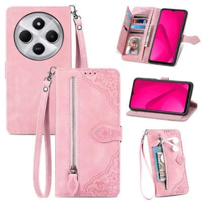 Zipper Wallet Case For Xiaomi Redmi 14C 4G / 14R 5G / Poco C75 4G Flower Imprint PU Leather Phone Cover with Strap - Pink
