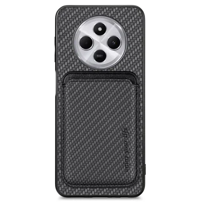 Phone Case For Xiaomi Redmi 14C 4G / 14R 5G / Poco C75 4G Carbon Fiber Leather Back Cover with Detachable Card Bag - Black