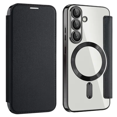 For Samsung Galaxy S25 Magnetic Case RFID Blocking Leather Phone Cover - Black