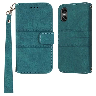 For Sony Xperia 10 VI Case Wallet Skin-Touch Leather Imprinted Phone Cover - Blackish Green