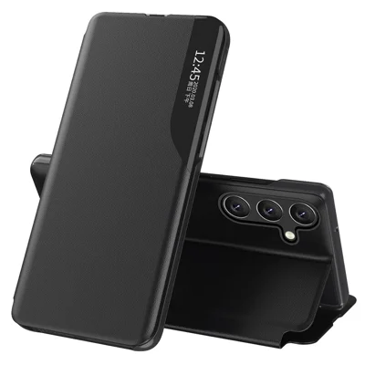 For Samsung Galaxy S25 Case View Window PU Leather Stand Cover - Black