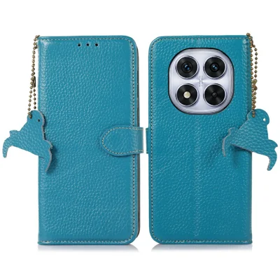For Xiaomi Redmi Note 14 Pro 4G Case RFID Blocking Genuine Cow Leather Phone Cover Litchi Texture - Blue