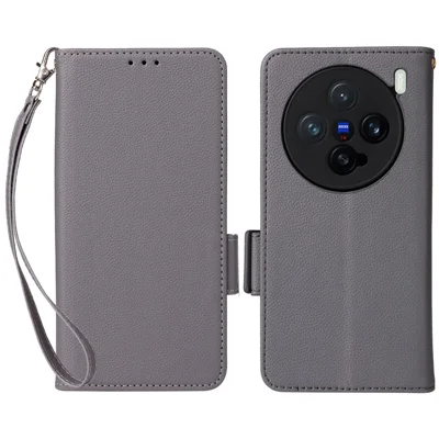 For vivo X200 Pro mini 5G Case with Wrist Strap Litchi Texture PU Leather Wallet Phone Cover - Grey