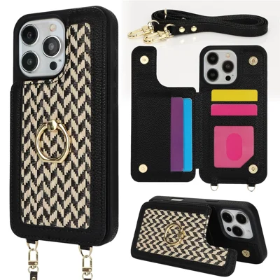 For iPhone 16 Pro Case with Card Holder, Kickstand, RFID Blocking PU+TPU Phone Back Cover - Black