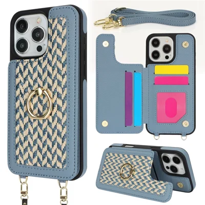For iPhone 16 Pro Case with Card Holder, Kickstand, RFID Blocking PU+TPU Phone Back Cover - Blue