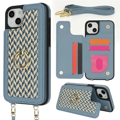 For iPhone 14 Plus  /  15 Plus Case with Card Holder, Kickstand, RFID Blocking PU+TPU Phone Back Cover - Blue
