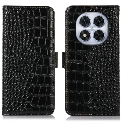For Xiaomi Redmi Note 14 Pro 5G / Poco X7 5G Case Crocodile Texture Genuine Cow Leather Phone Wallet Cover - Black