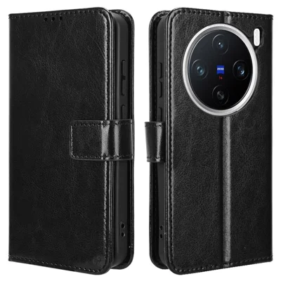 For vivo X200 5G Case Crazy Horse Texture PU Leather Phone Wallet Cover - Black