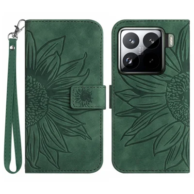 Voor Xiaomi 15 Hoesje met Zonnebloemprint Leren Wallettelefoonhoes met Polsbandje - Groen