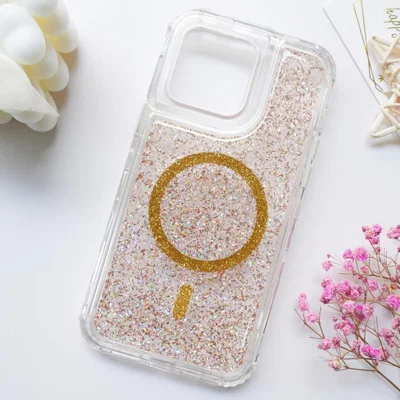 For iPhone 15 Pro Max Case Compatible with MagSafe Sparkle Epoxy PC+TPU Phone Cover - Gold