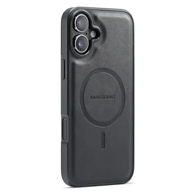 MAGKING K1 Series For iPhone 16 Magnetic Case PC+TPU+PU Leather Phone Cover - Black