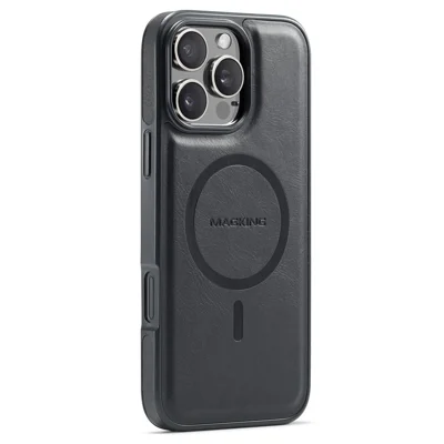MAGKING K1 Series For iPhone 16 Pro Magnetic Case PC+TPU+PU Leather Phone Cover - Black