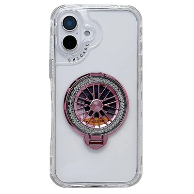 For iPhone 16 Plus Clear Case Compatible with MagSafe Gyro Design PC + TPU Phone Cover with Kickstand - Pink