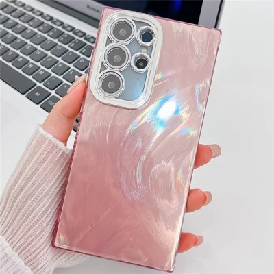 For Samsung Galaxy S24 Ultra Case IMD Design Shockproof PC+TPU Phone Cover with Glass Lens Film - Feather Yarn Pattern / Pink