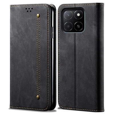 For Honor X5b Plus / X5b Case Jeans Cloth Texture Anti-Scratch Leather Stand Phone Cover - Black