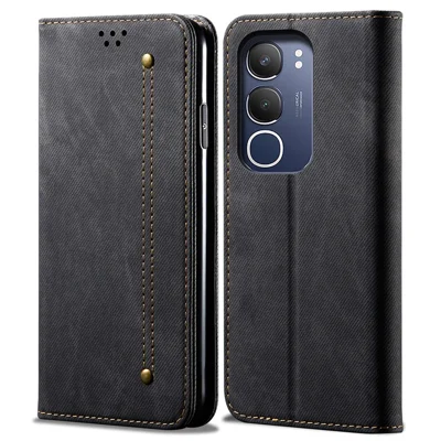 For vivo Y19s 4G Case Jeans Cloth Texture Anti-Scratch Leather Stand Phone Cover - Black