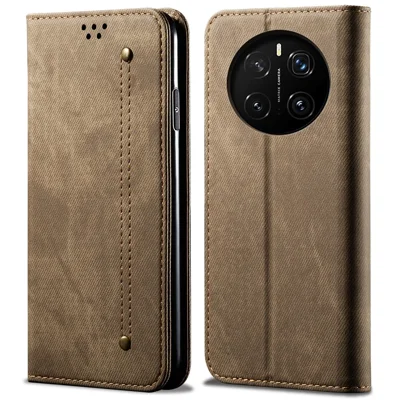 Voor Honor Magic7 5G Hoesje met Stofjeansstructuur Antikras Leren Standhoes - Kaki